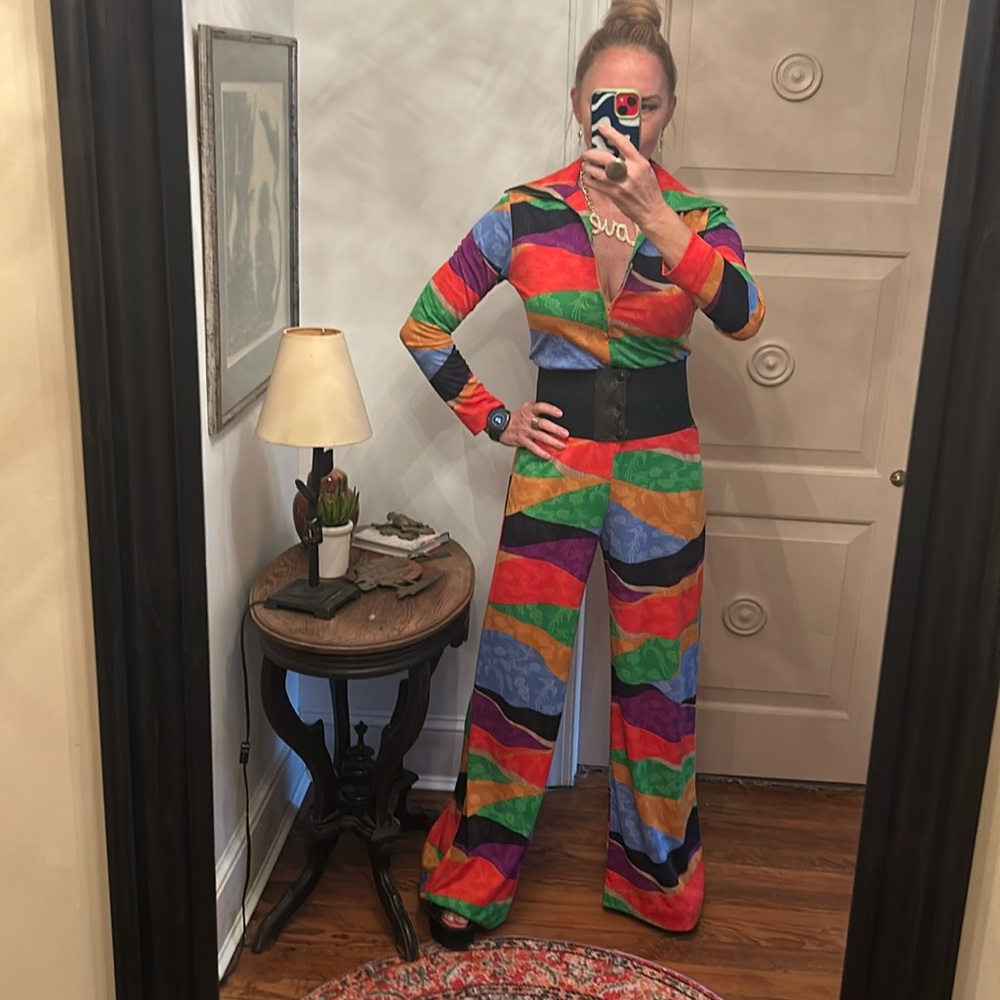 RARE 1970s vintage polyester psychedelic mod print, zip front wide leg jumpsuit